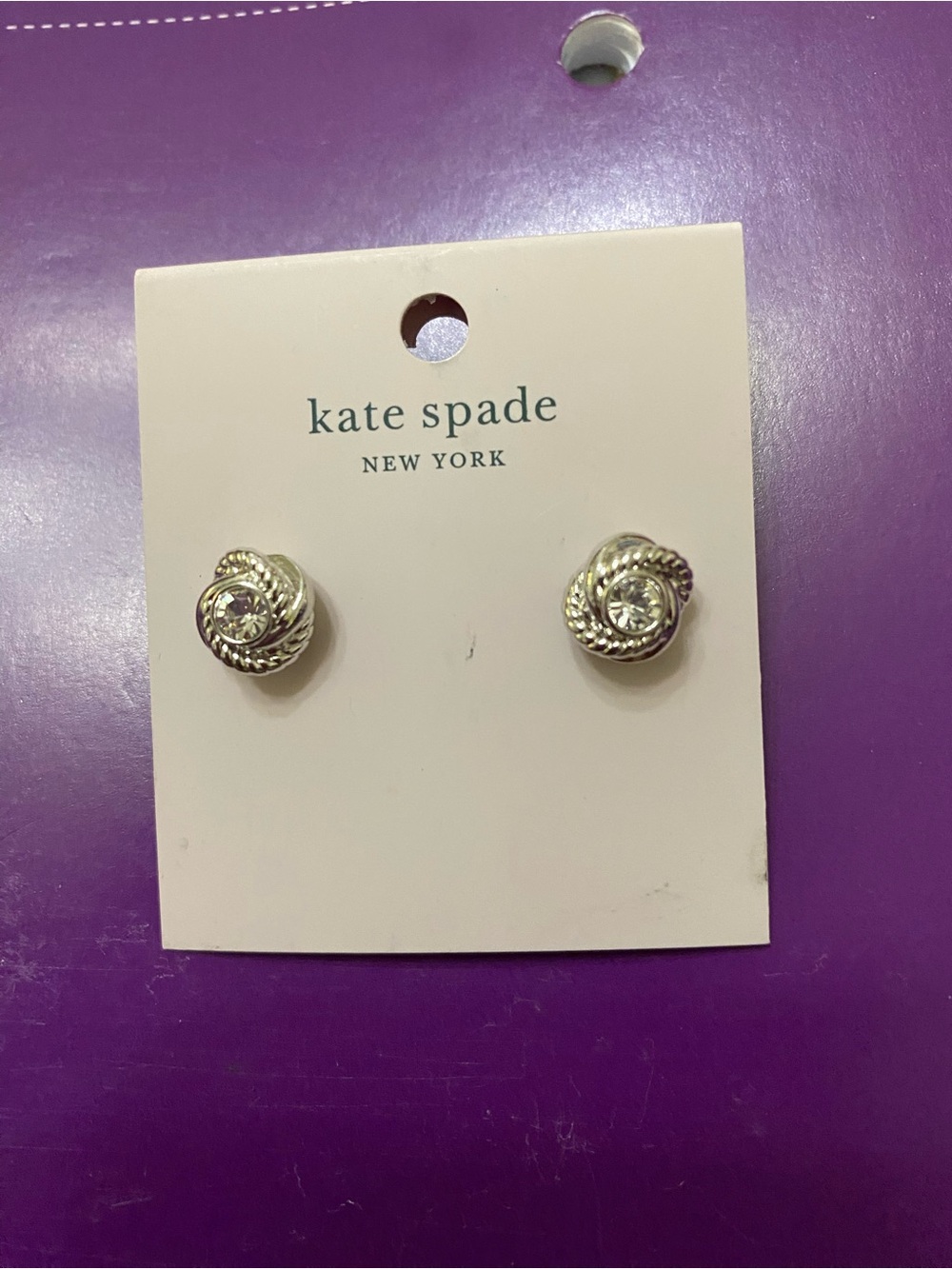 Kate Spade New York Silver Twisted Knot Earrings with Crystal Center - Picture 1 of 3